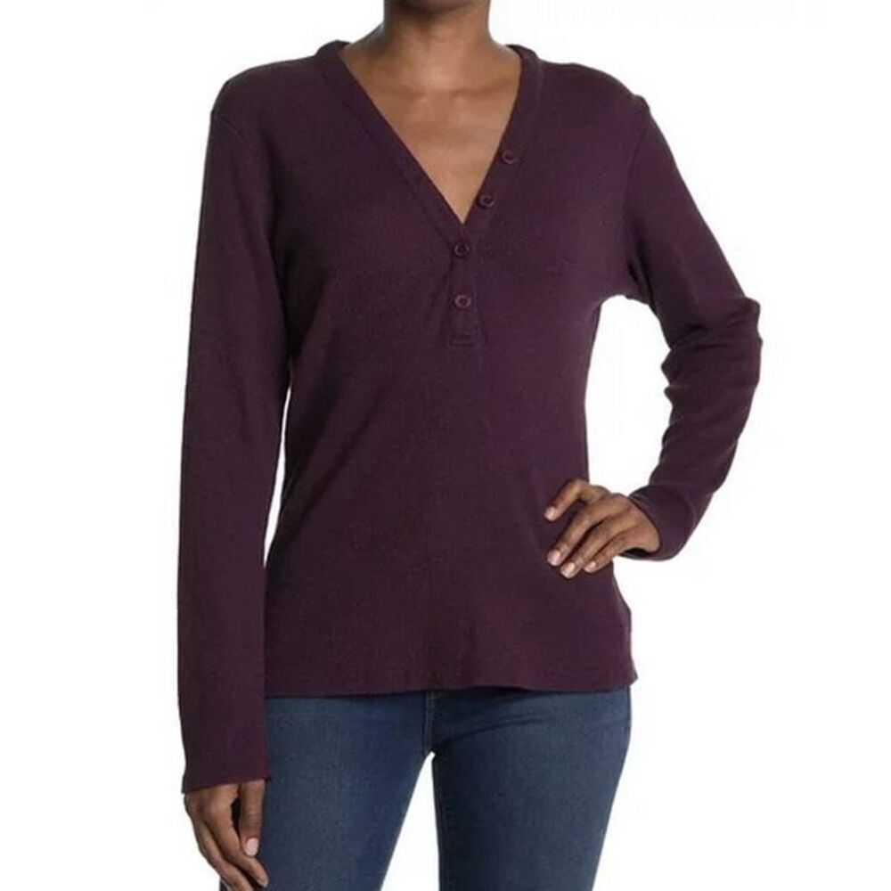 James Perse V-Neck Henley Thermal Waffle Knit Top Raisin 3 Large Minimalist Desi